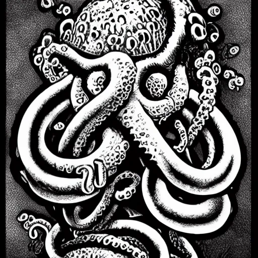 Image similar to A tentacle monster with faces of Mickey Mouse by Kentaro Miura, highly detailed, black and white