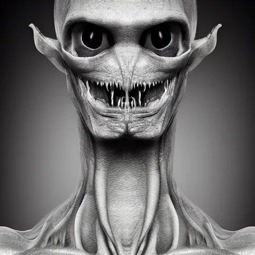 Image similar to an alien. angled jaw, growling, omniverous layered teeth, sunken nose, smooth bioluminescent skin, emaciated, mid length portrait photograph, highly detailed, high contrast lighting