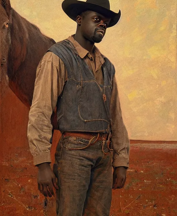 Prompt: portrait of daniel kaluuya as a rancher in oklahoma, art by denys tsiperko and bogdan rezunenko and thomas eakins, hyperrealism