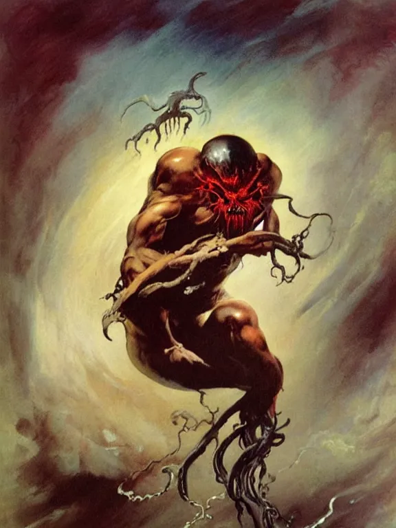 Prompt: painting by frank frazetta of a flying sorrowful looking human head with tears running down it's eyes, face that is chalk white in color, with long sprawling white tentacles stemming down it's neck, fiery scorching red eyes, flying in a terrying hellish dark cavernous place