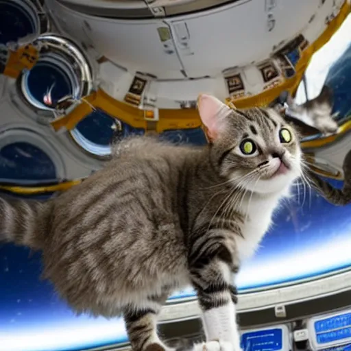 Image similar to Photo of a cat floating inside the International Space Station, realistic award-winning