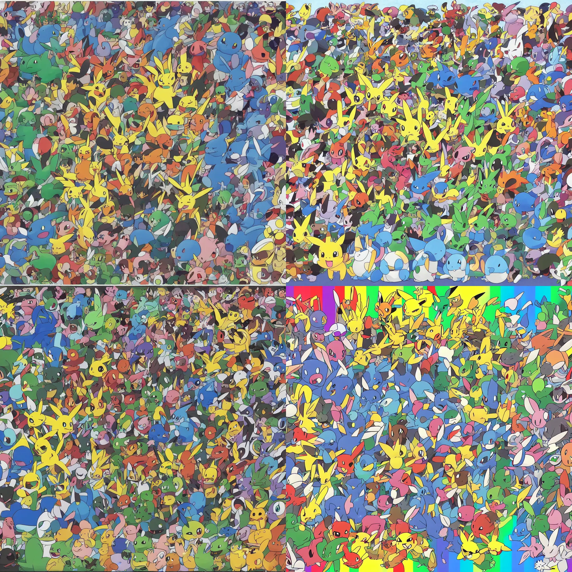 Image similar to official art of a diverse, rainbow-colored crowd of Pokemon, by Ken Sugimori, Bulbapedia,