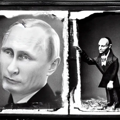 Prompt: vladimir putin is vampire having sharp teeth, is in minerals cave, polaroid black and white picture, 1 9 th century, scary horrifying