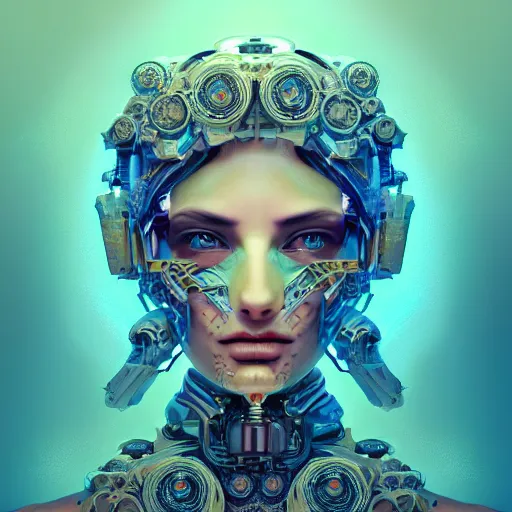 Image similar to beautiful symmetrical face portrait android woman time machine axonometric mechanical fantasy intricate elegant highly detailed in volumetric void of latent space lush flowers intricate jewellery, realm of the gods golden turquoise steampunk, axonometric high contrast cinematic light, mystical shadows, digital painting, sharp focus, octane render, photographic, concept art, artist leonardo davinci, unreal engine 8 k