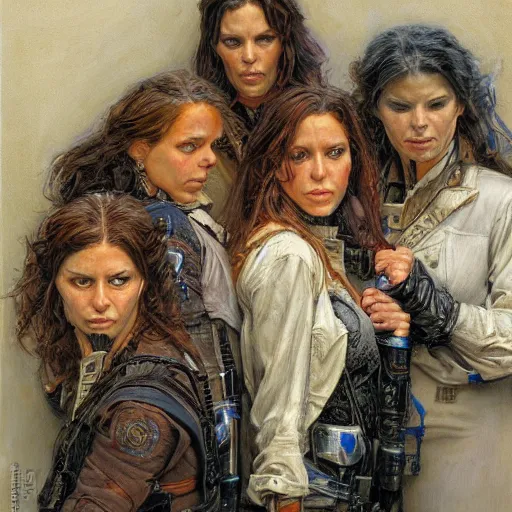 Image similar to portrait of an outlaw female gang, by donato giancola.