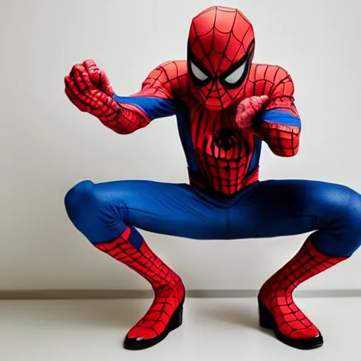 Image similar to man dressed as spiderman taking medicine for headache