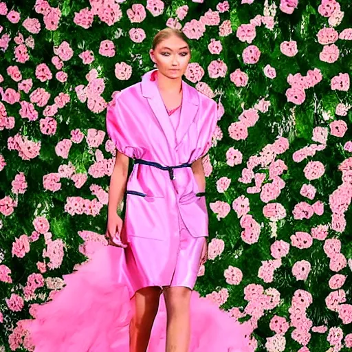 Prompt: tony danza as gigi hadid in fashion photography, designer runway robe that looks like brain matter, billowing, pink, roiling, detailed