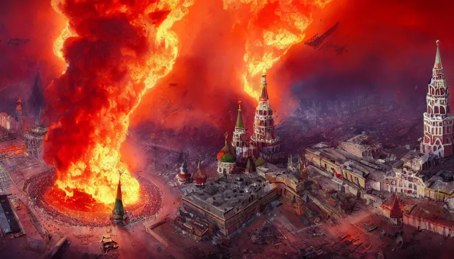 Image similar to Fire and explosions on Red Square, St Basil cathedral is destroyed by a nuke, sci-fi concept art, nuclear mushroom, lots of fire, panic, dark, clouds, 8k, high detail, advanced rendering whimsically designed art, 4k post-processing highly detailed, Soft illumination