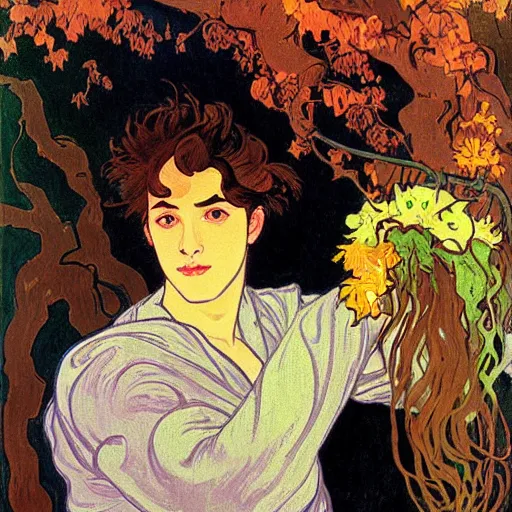 Prompt: painting of young cute handsome beautiful dark medium wavy hair man in his 2 0 s named shadow taehyung and cute handsome beautiful min - jun together at the halloween witchcraft ritual, bubbling cauldron, spells, autumn colors, elegant, modern clothing, soft facial features, delicate facial features, art by alphonse mucha, vincent van gogh, egon schiele