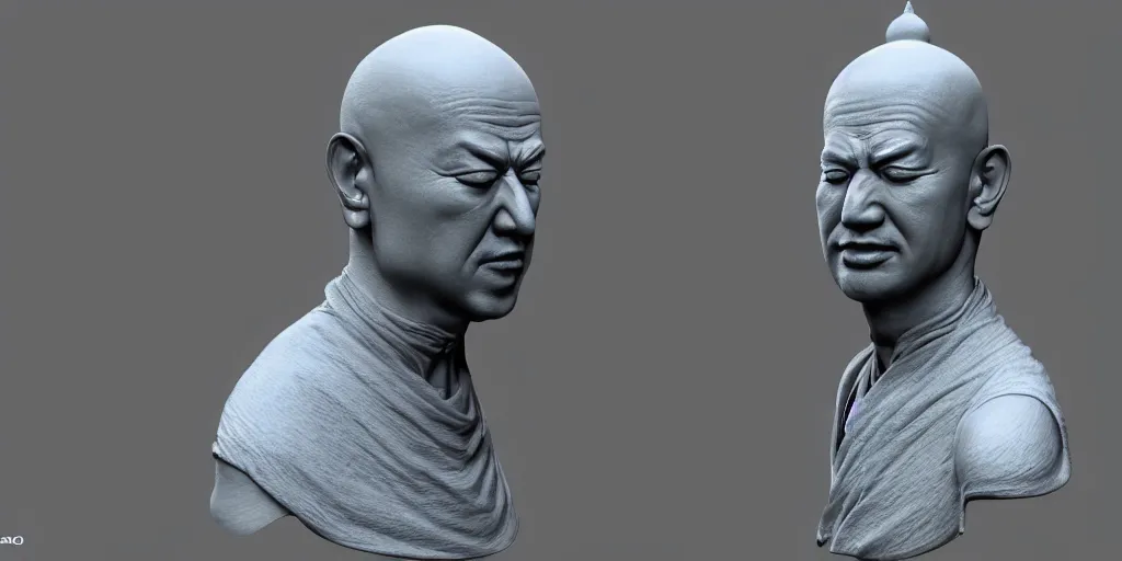 Prompt: hyperrealistic 3 d render of a bust of meditating monk in cyberpunk style, ultra realistic 8 k resolution.