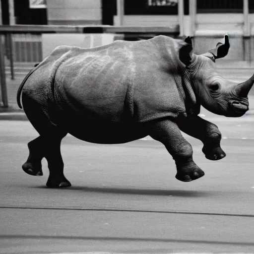 Image similar to photograph of a rhinoceros running down a crowded street