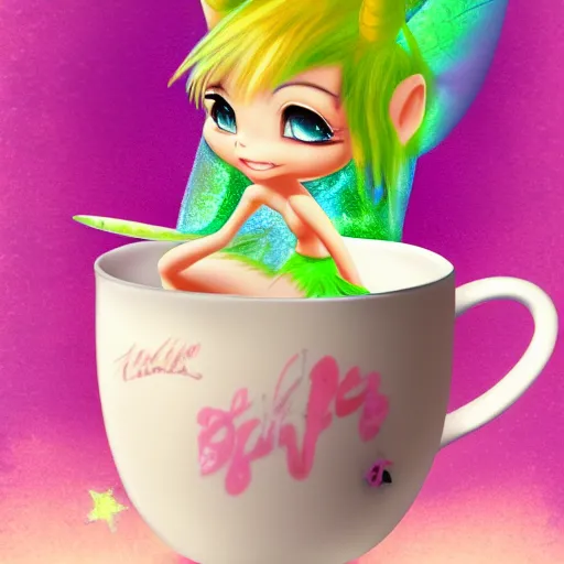 Image similar to detailed 4k UHD digital painting of chibi Tinkerbell in a coffee cup hungover with heavy eyeliner wearing a towel