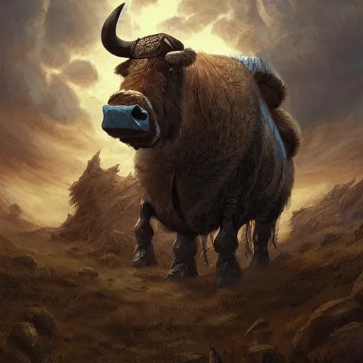 Image similar to digital painting of an ox as a viking by filipe pagliuso and justin gerard, symmetric, fantasy, highly, detailed, realistic, intricate