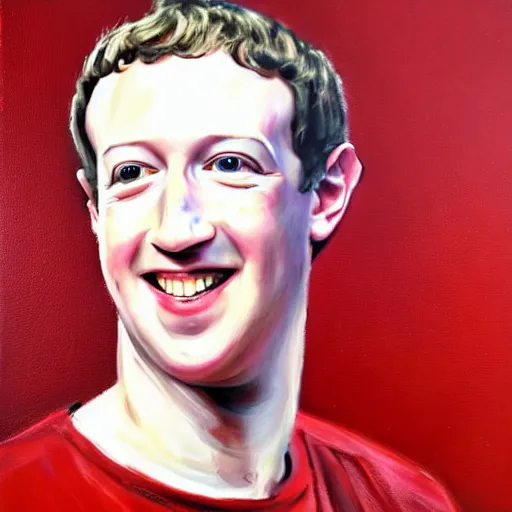 Prompt: mark zuckerberg wearing a woman red dress, oil painting