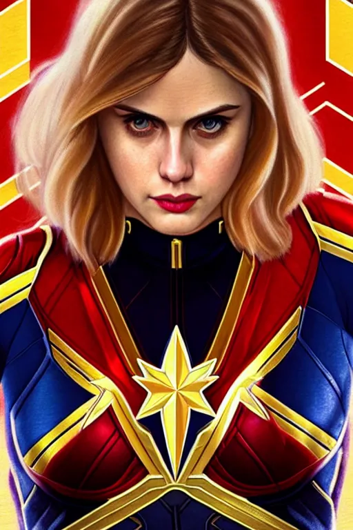 Image similar to alexandra daddario as captain marvel, realistic portrait, symmetrical, highly detailed, digital painting, artstation, concept art, smooth, sharp focus, illustration, cinematic lighting, art by artgerm and greg rutkowski and alphonse mucha