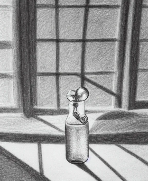 Image similar to a pencil drawing of one round potion bottle on a messy table, sunlight from a window, soft lighting, atmospheric, bottle is the focus. by pen tacular