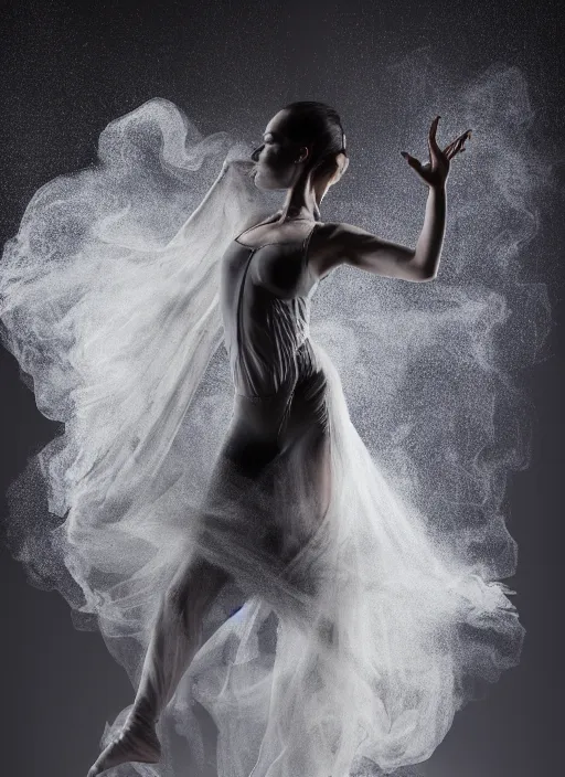 Image similar to a Photorealistic dramatic hyperrealistic render of a glamorous beautiful Female smoke dancer by Ken Brower and Deborah Ory of NYC Dance project,Lois Greenfield,Flowing cloth and smoke,Beautiful dynamic dramatic dark moody lighting,volumetric,shadows,cinematic atmosphere,Octane render,8K