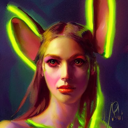 Image similar to painted close - up portrait of a neon sensual bunny girl. oil painting, wearing neon attire, fantasy art by greg rutkowski and john singer sargent and gaston bussiere, demon noble character design