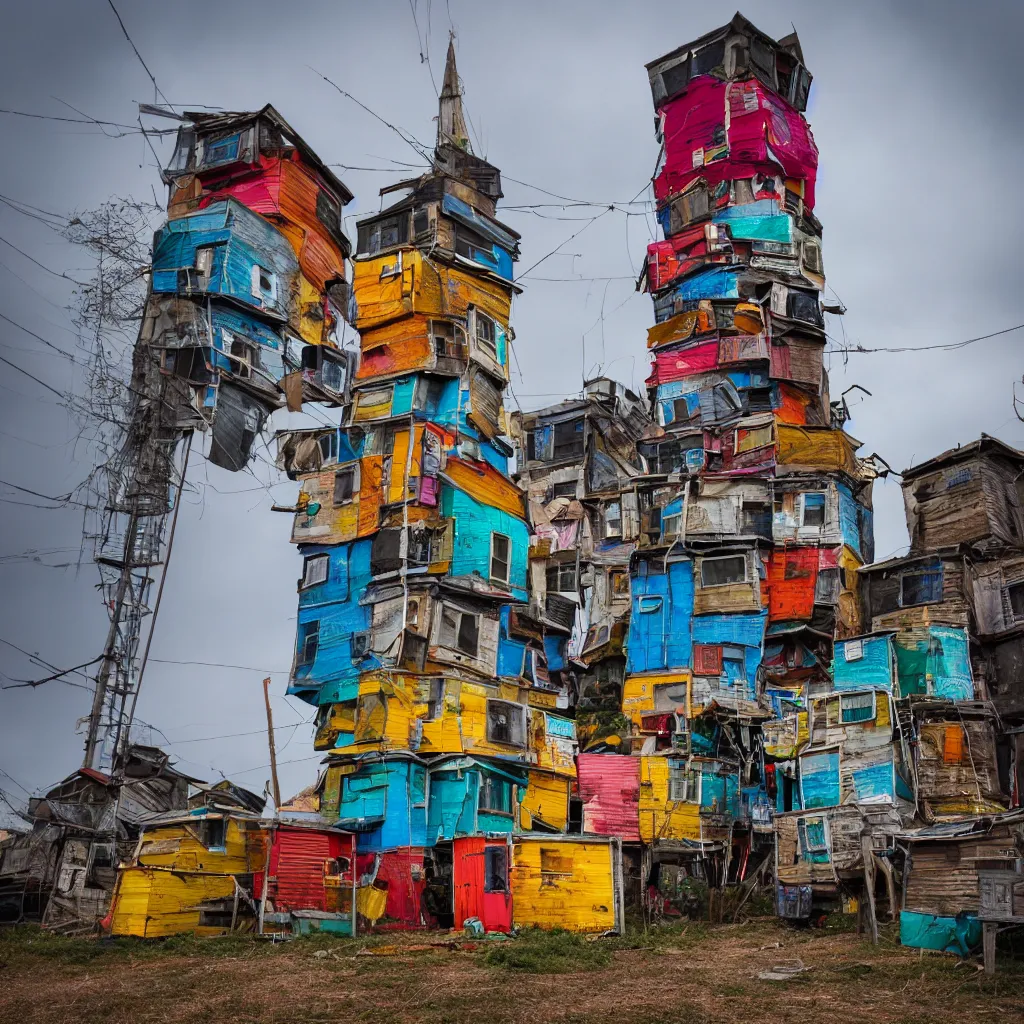 Image similar to a tower made up of colourful makeshift squatter shacks, dystopia, sony a 7 r 3, f 1 1, fully frontal view, photographed by jeanette hagglund