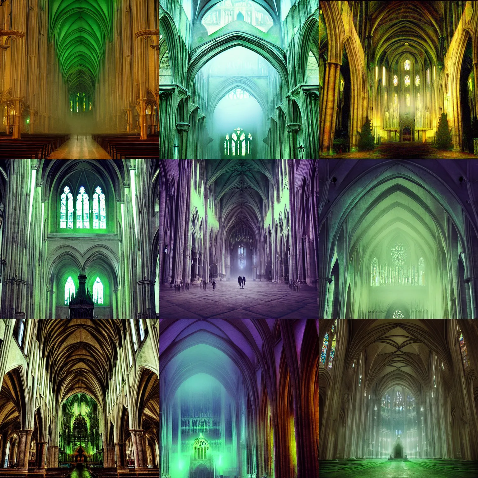 Prompt: inside an enormous cathedral, thick fog fills the cathedral, creepy hooded figures, green ambient light, digital art