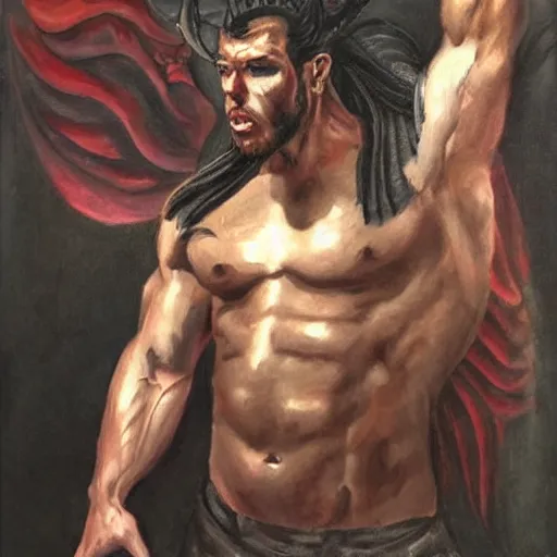 Prompt: a hot muscular cambian demon man in a great hall, portrait, realistic painting