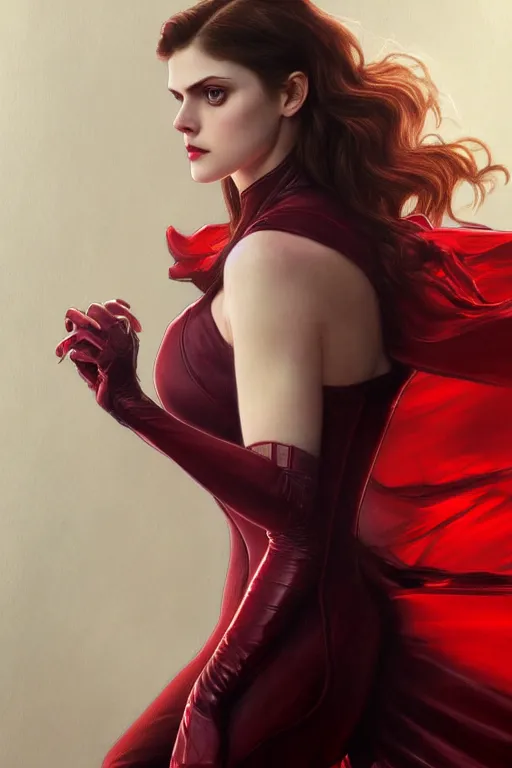 Image similar to alexandra daddario as scarlett witch, realistic portrait, symmetrical, highly detailed, digital painting, artstation, concept art, smooth, sharp focus, illustration, cinematic lighting, art by artgerm and greg rutkowski and alphonse mucha