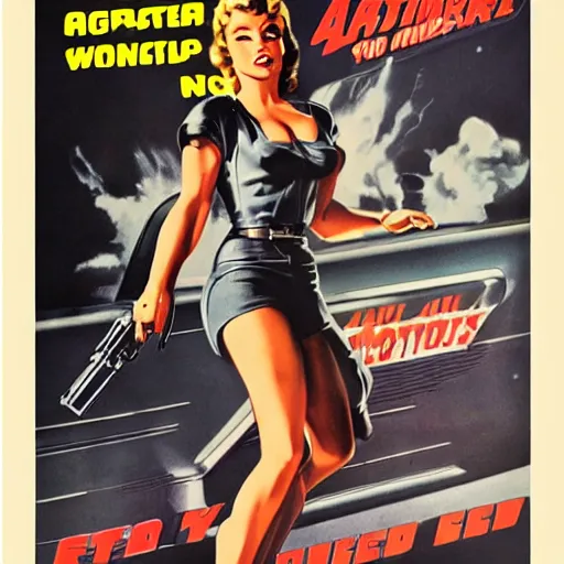 Prompt: Terminator pin-up poster 1953