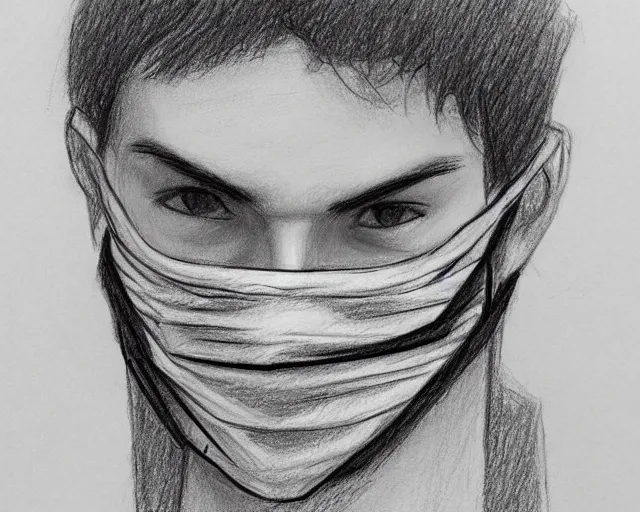 Image similar to draft drawing of a european young man covering face with fabric mask, draft sketch, trending on artstation, context art, pencil sketch, high detail