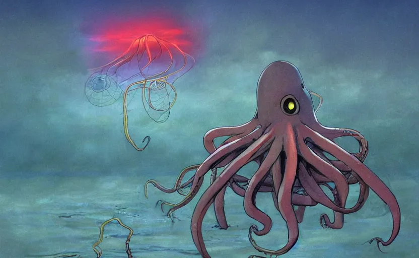 Prompt: a realistic cell - shaded studio ghibli concept art from paprika ( 2 0 0 6 ) of a flying multi - colored octopus from close encounters of the third kind ( 1 9 7 7 ) in a flooded stonehenge on a misty starry night. very dull colors, wide shot, hd, 4 k, hq