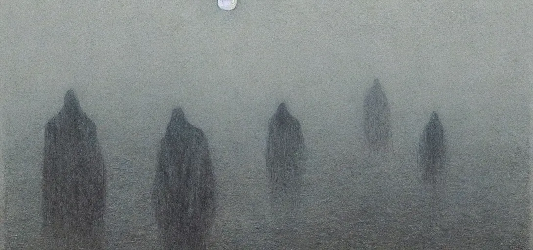 Prompt: shadow figures in a foggy rainy environment painting, part by Beksiński and EdvardMunch. atmospheric, vibrant, intricate, smooth, artstation, art by Takato Yamamoto, Francis Bacon masterpiece