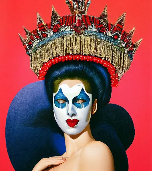 Prompt: an 8 0's airbrush portrait of a woman with dark blue eye shadow and red lips with dark slicked back hair, a mask of beads and jewels hanging from a crown by serge lutens, rolf armstrong, delphin enjolras, peter elson, background of classic red cloth