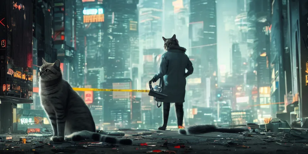 Prompt: a cat detective investigating a crime scene, cyberpunk 8k very detailed and sharp photo, cinematic