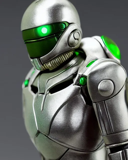 Image similar to portrait of a figurine of cyborg from the sci - fi nintendo videogame metroid. glossy. silver round helmet, silver shoulder pads, green visor. shallow depth of field. suit of armor.