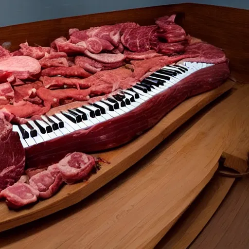 Prompt: a piano made out of meat, a piano in the shape of meat