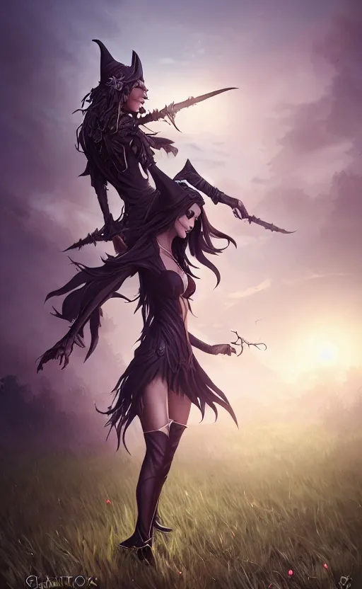 Image similar to medium shot of dark elf witch in field, sunny, highly detailed, d & d, fantasy, highly detailed, digital painting, trending on artstation, concept art, sharp focus, illustration, global illumination, ray tracing, realistic shaded, art by artgerm and greg rutkowski and fuji choko and viktoria gavrilenko and hoang lap