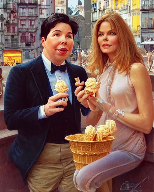 Image similar to Portrait of Michael Mcintyre & a blonde Barbara Bach from the bond film eating ice creams in Porto,real life skin, intricate, elegant, highly detailed, artstation, concept art, smooth, sharp focus, art by artgerm and greg rutkowski and alphonse mucha