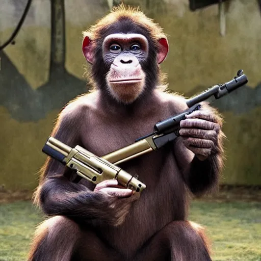 Image similar to Saul Goodman as a chimp with a machinegun