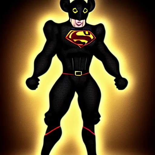 Image similar to hyper realistic digital art of ratman, a superhero with the powers of a rat in a black armor with a logo of the letter r on it