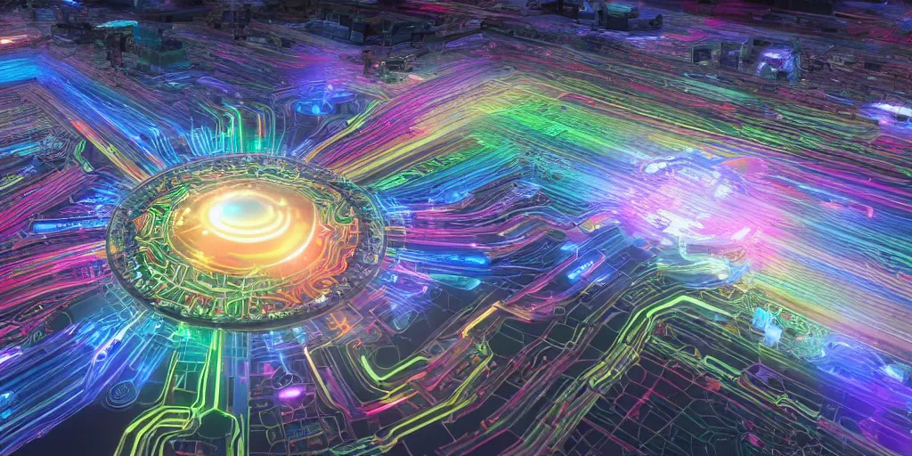 Image similar to A seamless 3D HDRI image finely detailed interconnected rainbow circuitry like colorful threads emerging from the darkness showing the thought process of AI, insanely detailed, unreal engine 8K, futuristic, sci-fi