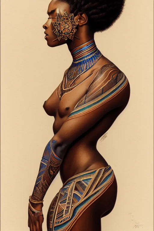 Image similar to symmetrical body portrait of beautiful nubian tribal tattooed young woman, intricate, elegant, highly detailed, digital painting, artstation, concept art, smooth, sharp focus, illustration, art by artgerm and greg rutkowski and alphonse mucha, 8 k