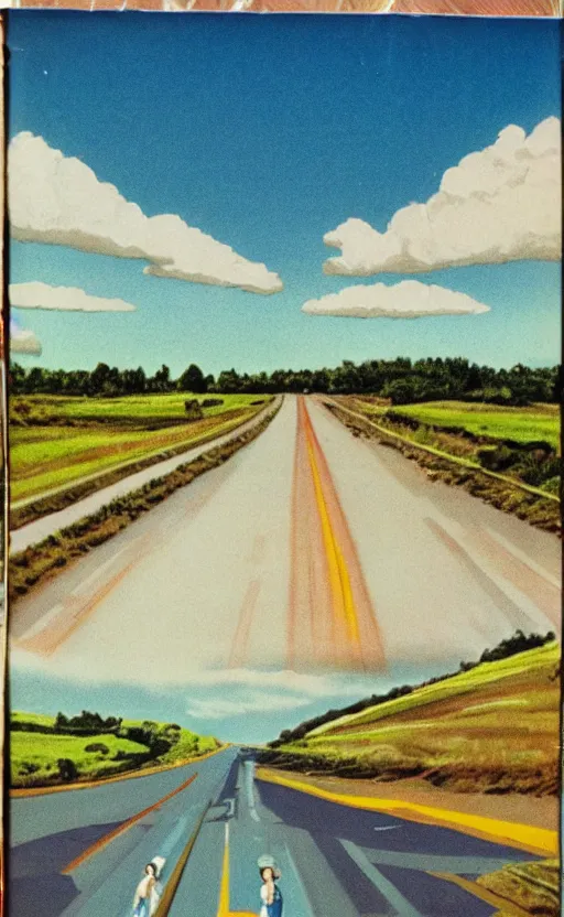 Image similar to paperback book cover. 1 9 8 0 s. pure colors, melting clouds, accurately drawn details, a sunburst above a receding road with the light reflected in furrows and ruts, after rain. and no girls.