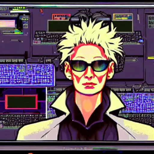 Prompt: Tilda Swinton as a techno DJ in a PC-98 game, visual novel, anime, cyberpunk