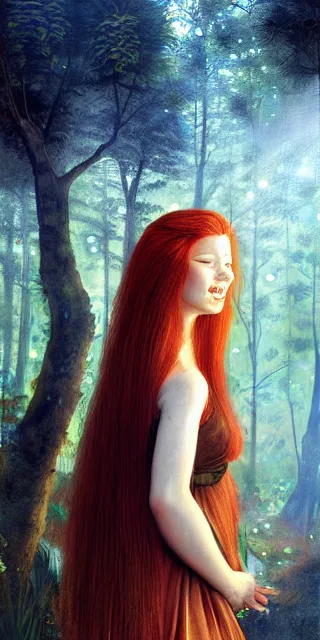 Prompt: infp young woman, smiling amazed, golden fireflies lights, amidst of nature fully covered, long red hair, intricate linework, accurate green eyes, small nose with freckles, oval shape face, realistic, expressive emotions, dramatic lights mystical scene, hyper realistic ultrafine art by artemisia gentileschi, caravaggio, jessica rossier, boris vallejo