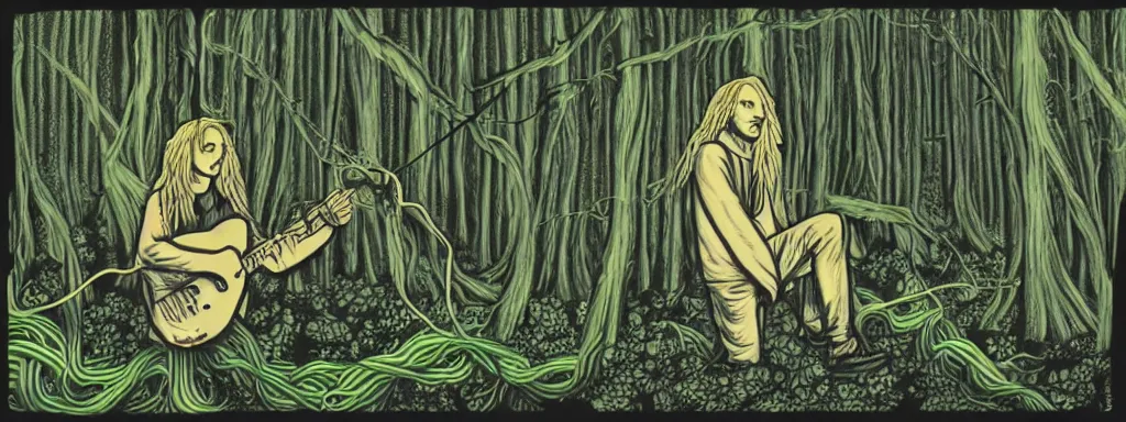 Image similar to a grunge technogaianist long-haired blonde digital musician playing modular synthesizer in the forest, technology and nature swirling in harmony, plugging vines into the synthesizer, trees swaying to the beat, postmodern surrealist concert poster, grainy, hand drawn matte painting by Tara McPherson and Gary Houston, smooth, sharp focus, extremely detailed, 50mm.