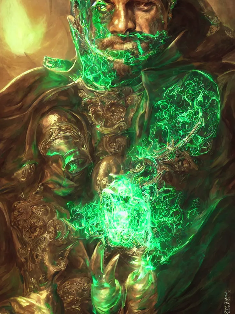 Prompt: portrait of enigmatic wise man, wearing full mask made of green polished emerald rendered in unreal engine, soviet poster aesthetic, dnd universum, dark fantasy, painted by artgerm and glenn rane