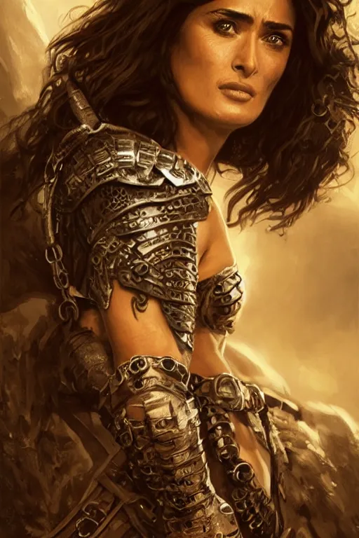 Prompt: portrait, Salma Hayek , barbarian , dressed in chain mail bikini armor, face portrait, raphael lacoste, eddie mendoza, alex ross, concept art, matte painting, highly detailed, rule of thirds, dynamic lighting, cinematic, detailed, denoised, centred