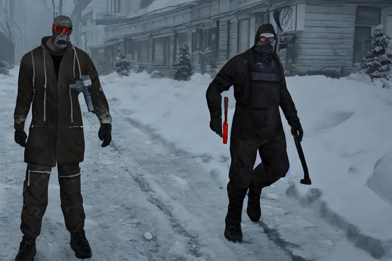 Image similar to Gordon Freeman from Half-Life 2 in real life walking through the dark Russian winter streets with a crowbar in his hands 8K realistic