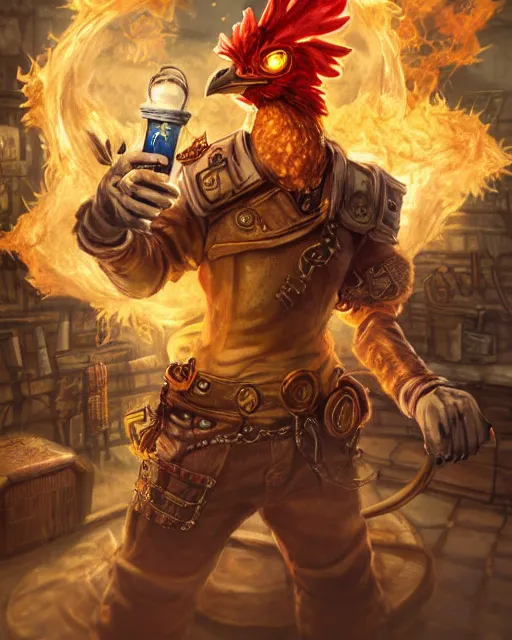 Image similar to Chicken, Anthropomorphized, holding flamethrower, raging, Golden Steampunk city atmosphere, magic the gathering artwork, D&D, fantasy, cinematic lighting, centered, symmetrical, highly detailed, digital painting, artstation, concept art, smooth, sharp focus, illustration, volumetric lighting, epic Composition, 8k, art by Akihiko Yoshida and Greg Rutkowski and Craig Mullins, heroic pose, oil painting, cgsociety