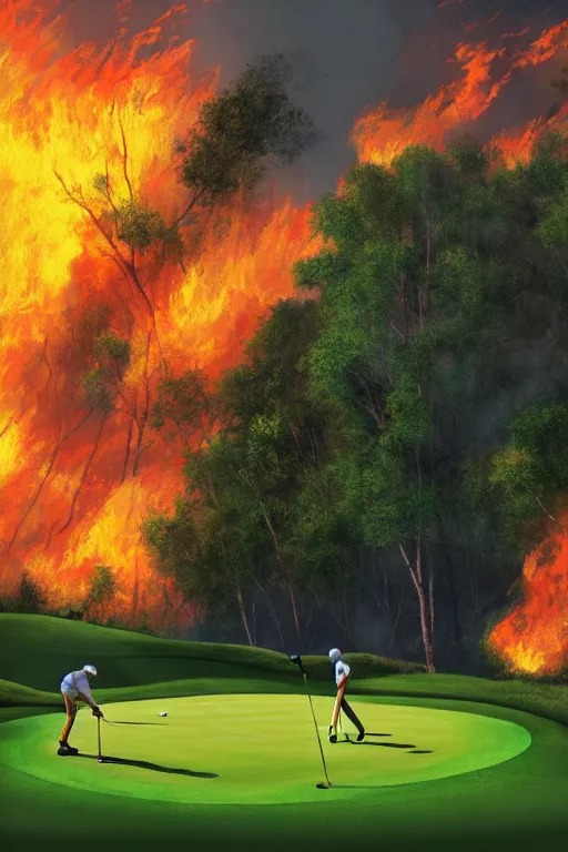 Prompt: golf players on a lush golf course surrended by forests on fire, digital painting, 4k, rays of light, particles light, by sasha kalinkin