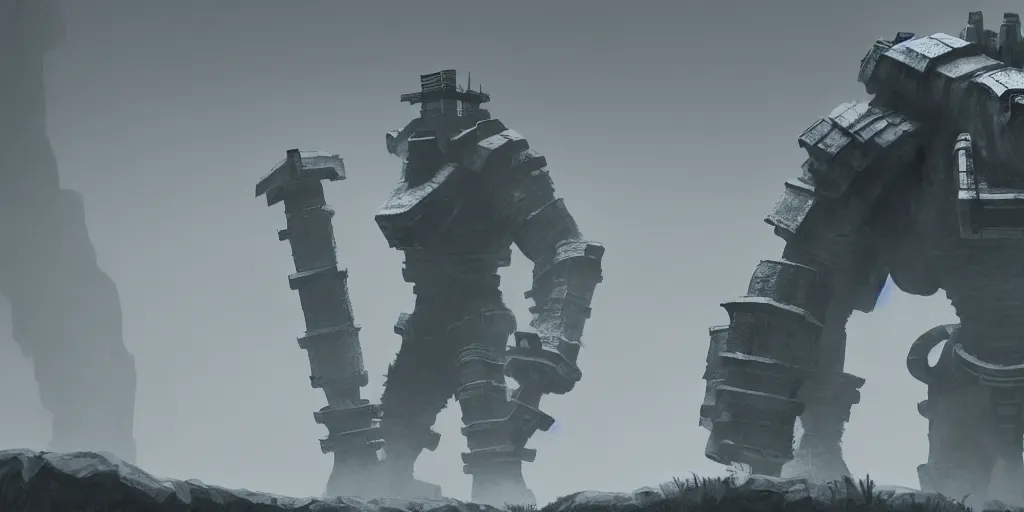 Image similar to colossus from shadow of the colossus with a white fur, fog, dark, fantasy, clean room, unreal engine, digital art